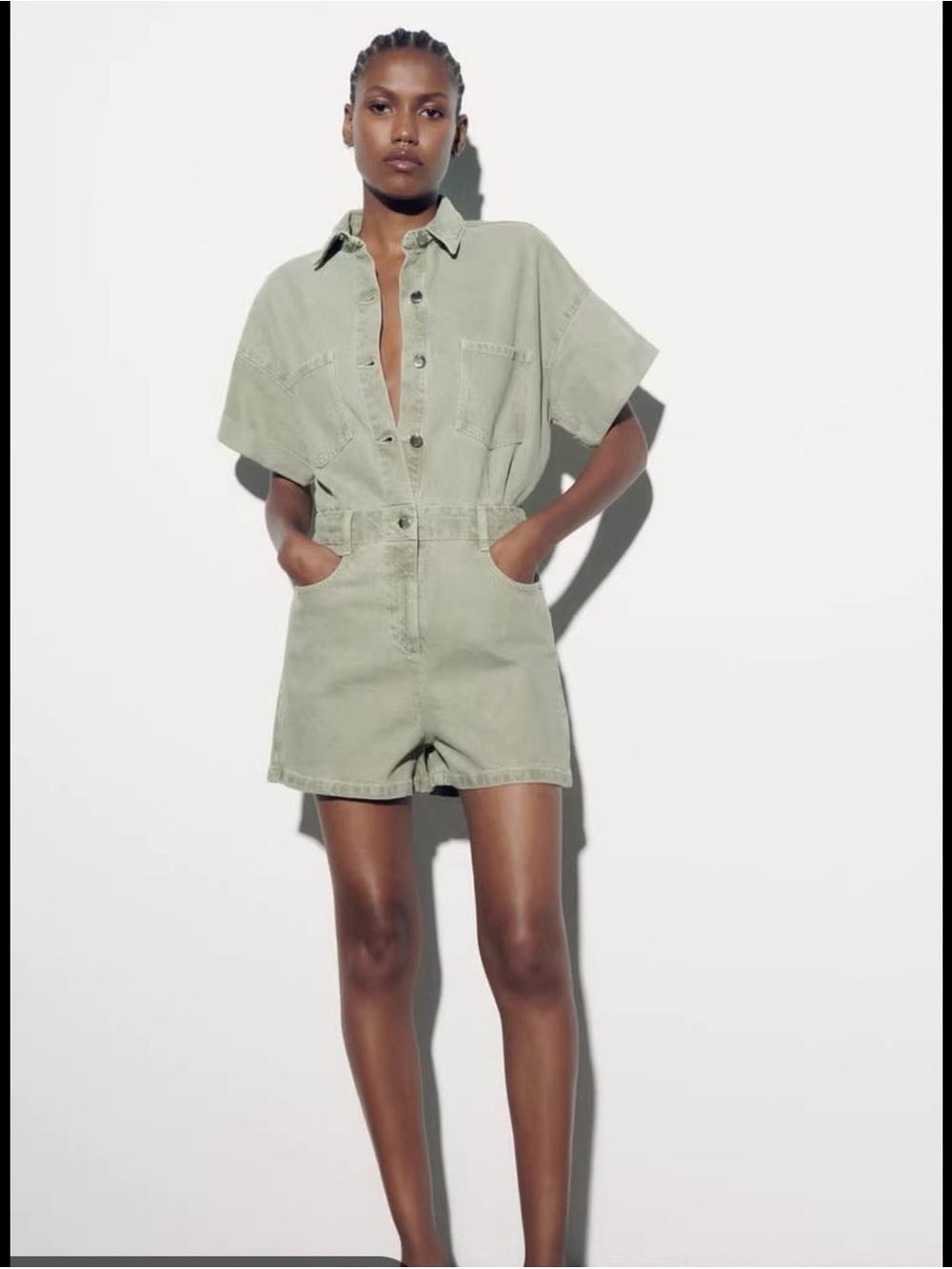 Zara Short-Sleeve Utility Romper in Sage Green Jumpsuit